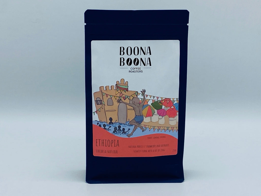 250 gram bag of Ethiopia Chelbesa Natural Process speciality artisan coffee beans roasted in Bristol